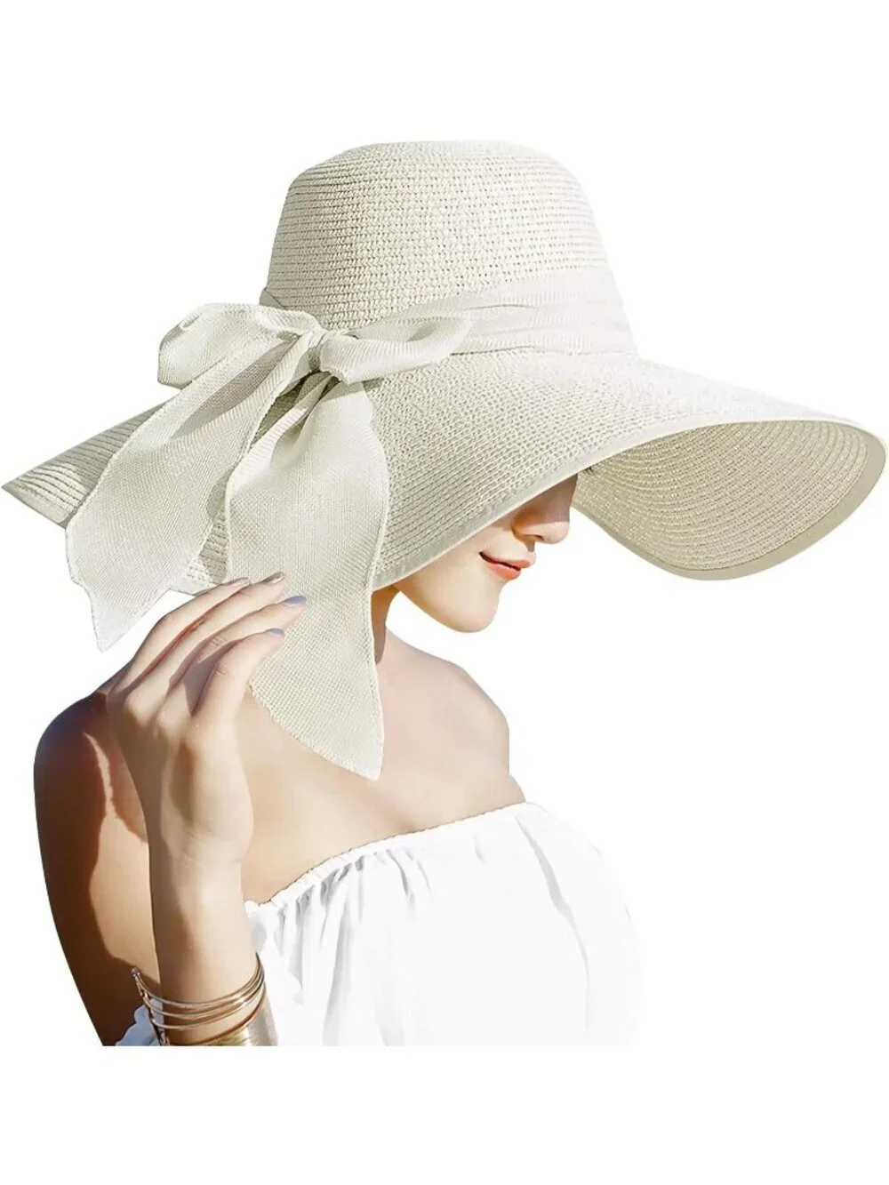 Women's Ivory White 5.7 Inches Big Bowknot Straw Hat Large Floppy Foldable Cap